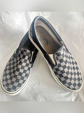 VANS BLACK & PEWTER CHECKERED BOARD SLIP ONS, size 9W/7.5M